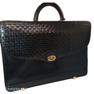 Hartmann USA Woven Leather Executive Briefcase Black Vintage Brass Hardware